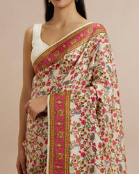 Twamev Women Cream Silk Multicolour Floral Woven Saree