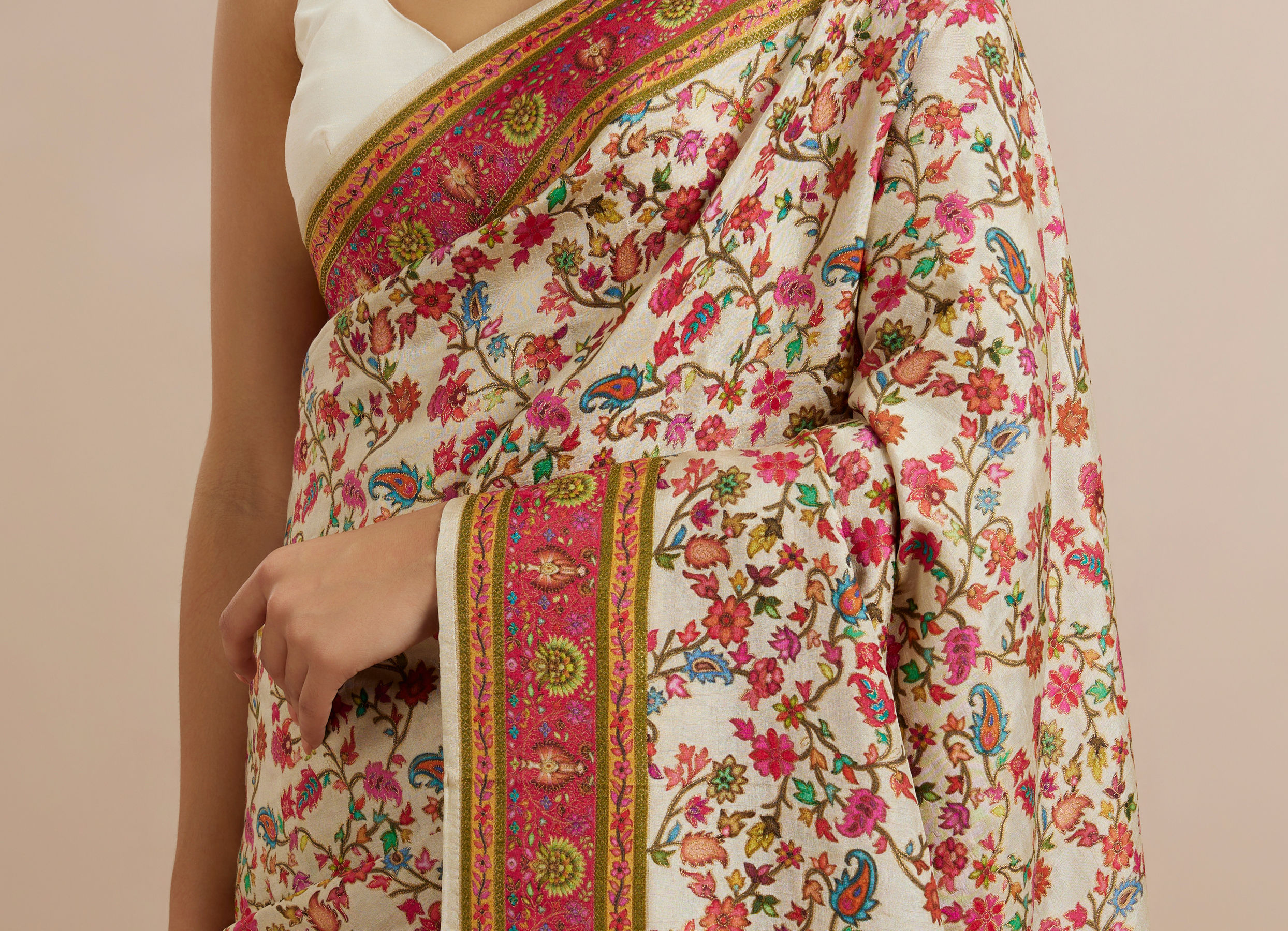 Twamev Women Cream Silk Multicolour Floral Woven Saree