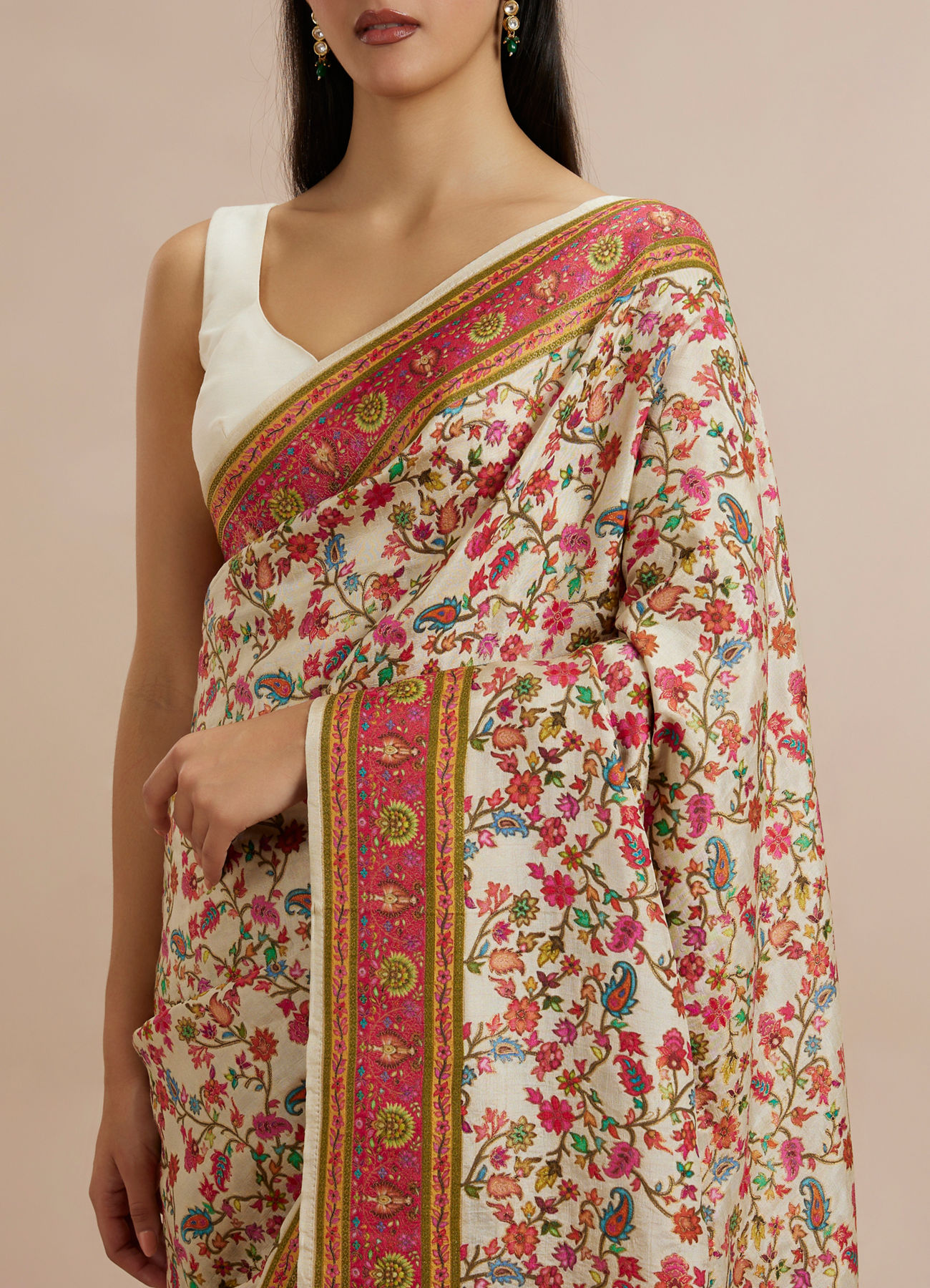 Twamev Women Cream Silk Multicolour Floral Woven Saree