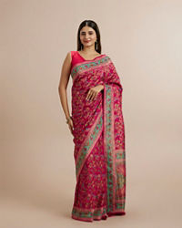 Twamev Women Rani Pink Silk Multicolour Floral Woven Saree