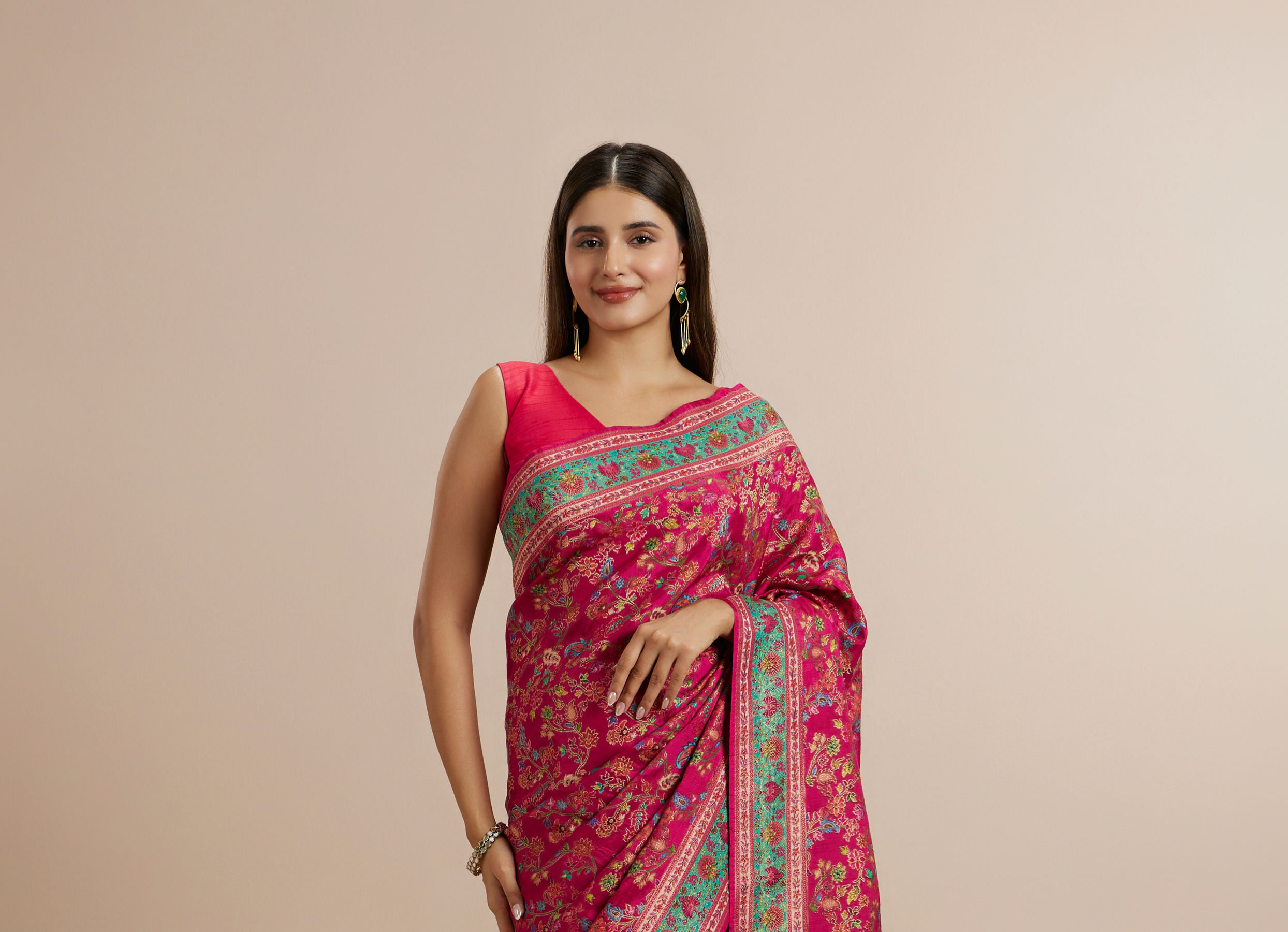 Twamev Women Rani Pink Silk Multicolour Floral Woven Saree