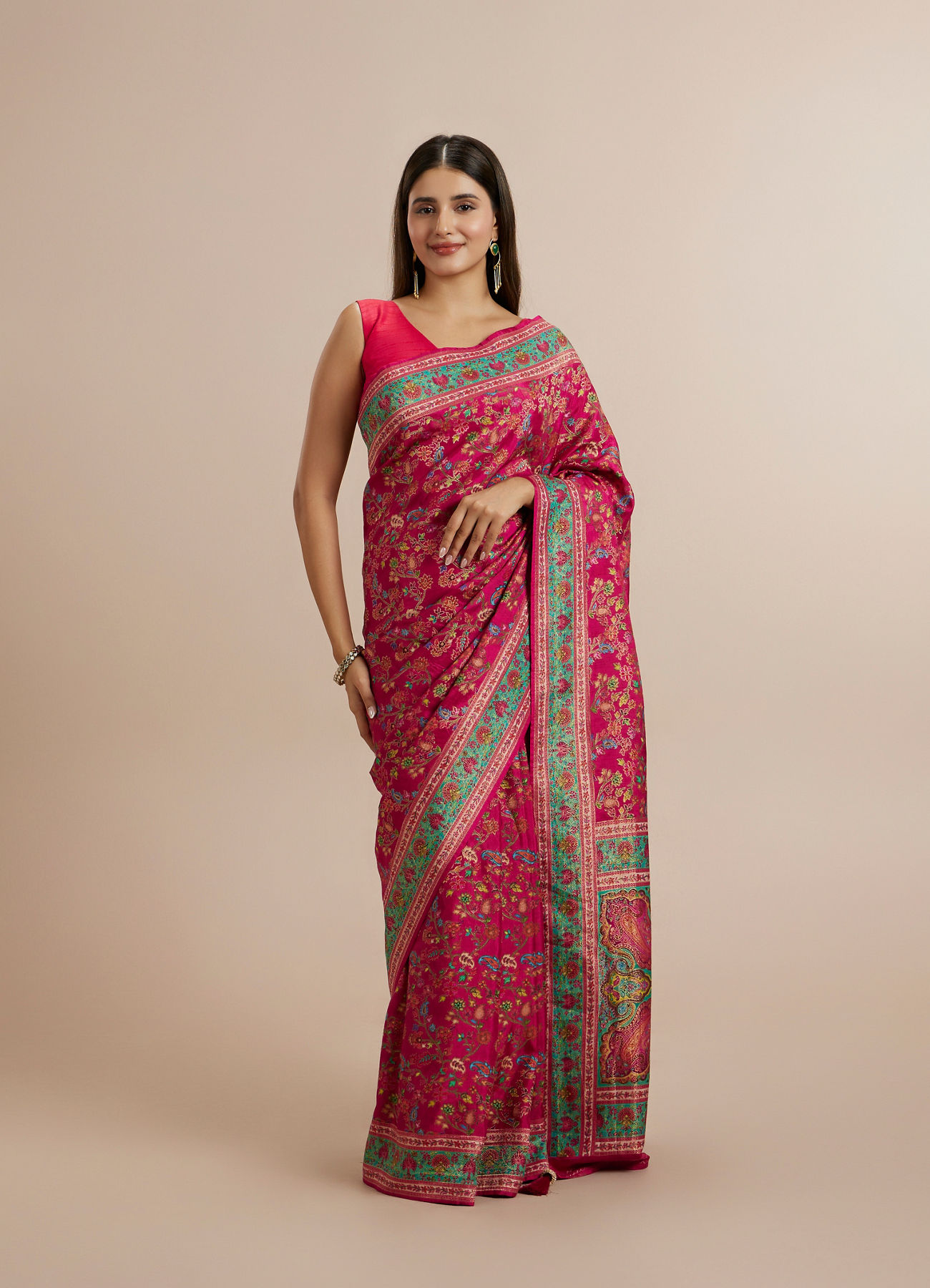 Twamev Women Rani Pink Silk Multicolour Floral Woven Saree