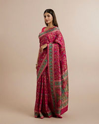 Twamev Women Rani Pink Silk Multicolour Floral Woven Saree