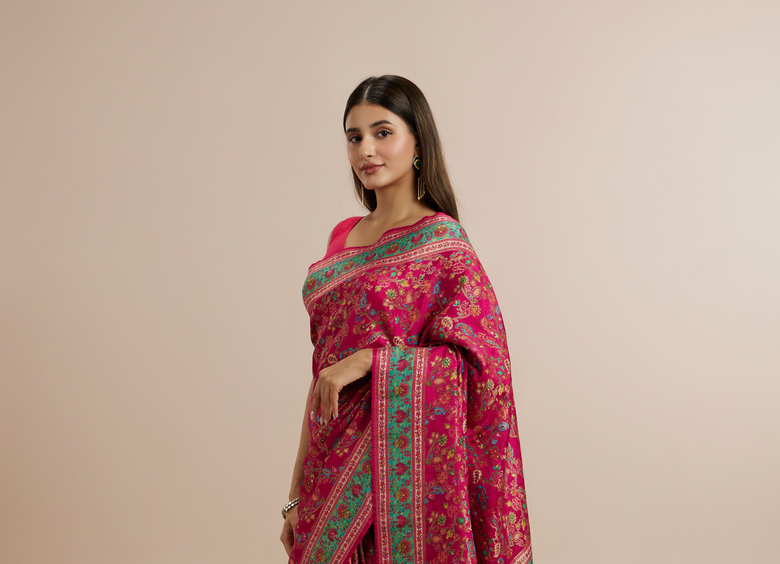 Twamev Women Rani Pink Silk Multicolour Floral Woven Saree