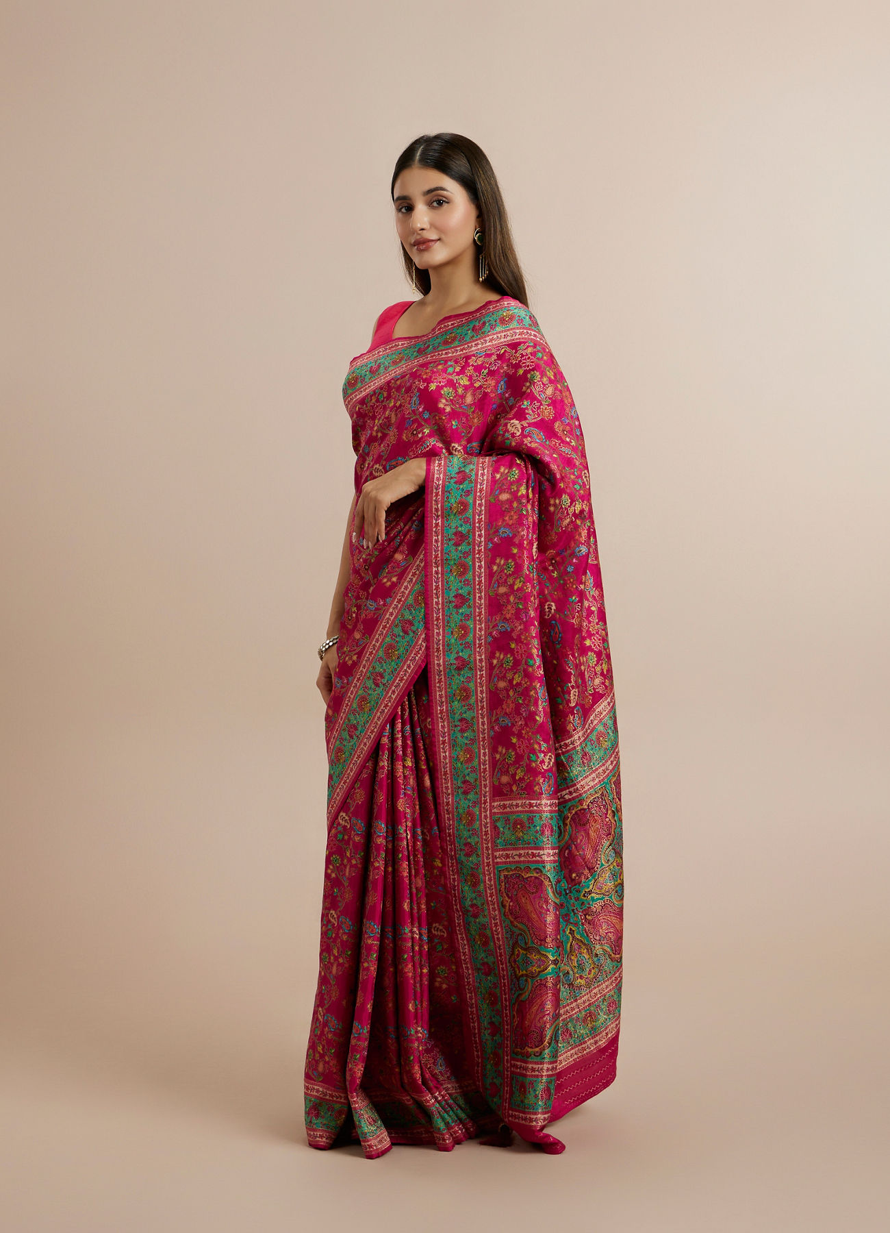 Twamev Women Rani Pink Silk Multicolour Floral Woven Saree