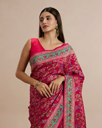 Twamev Women Rani Pink Silk Multicolour Floral Woven Saree