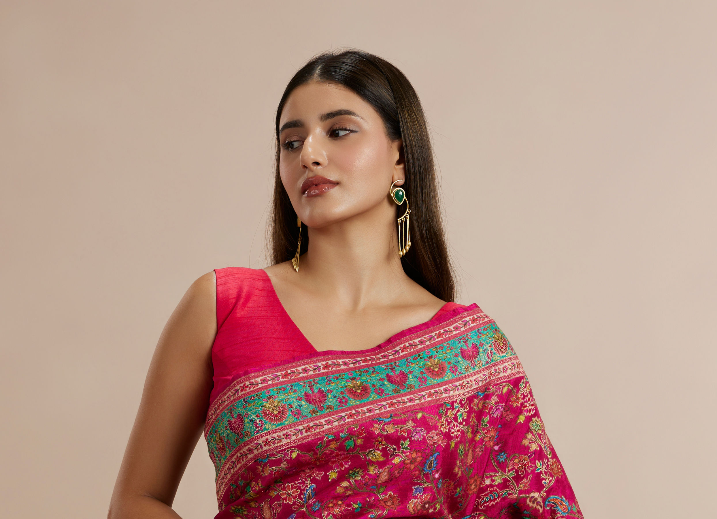 Twamev Women Rani Pink Silk Multicolour Floral Woven Saree