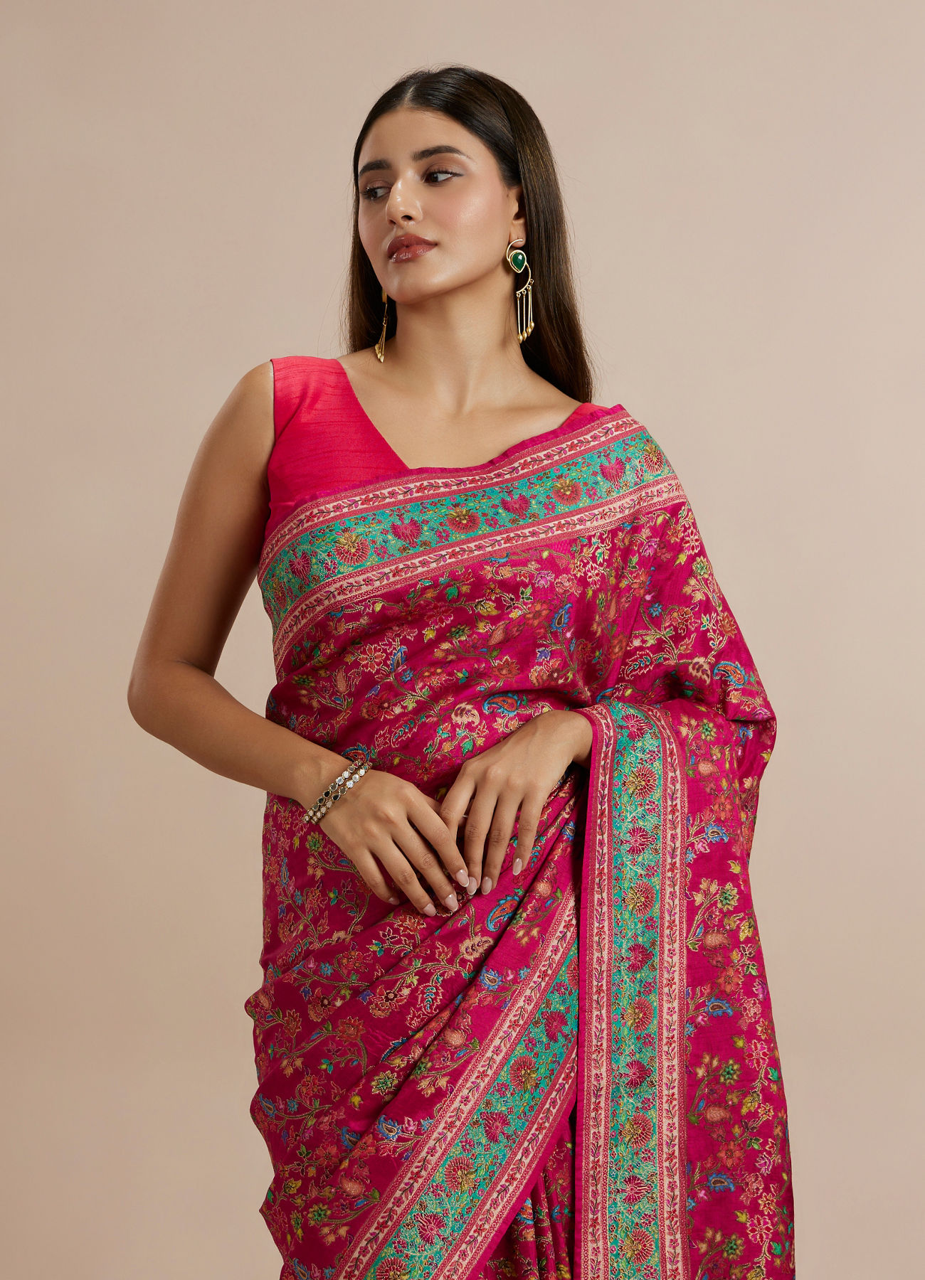 Twamev Women Rani Pink Silk Multicolour Floral Woven Saree