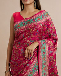 Twamev Women Rani Pink Silk Multicolour Floral Woven Saree
