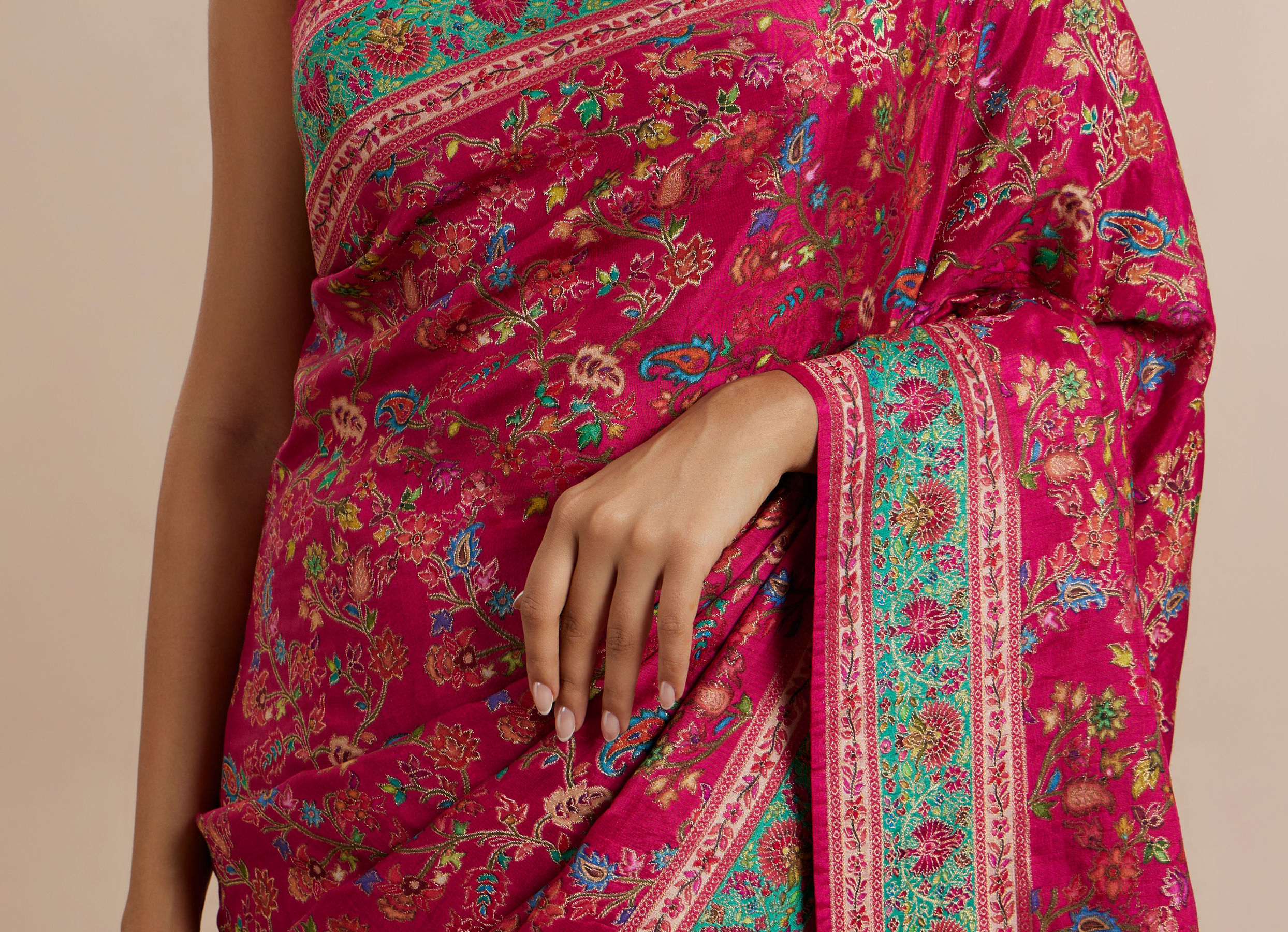 Twamev Women Rani Pink Silk Multicolour Floral Woven Saree