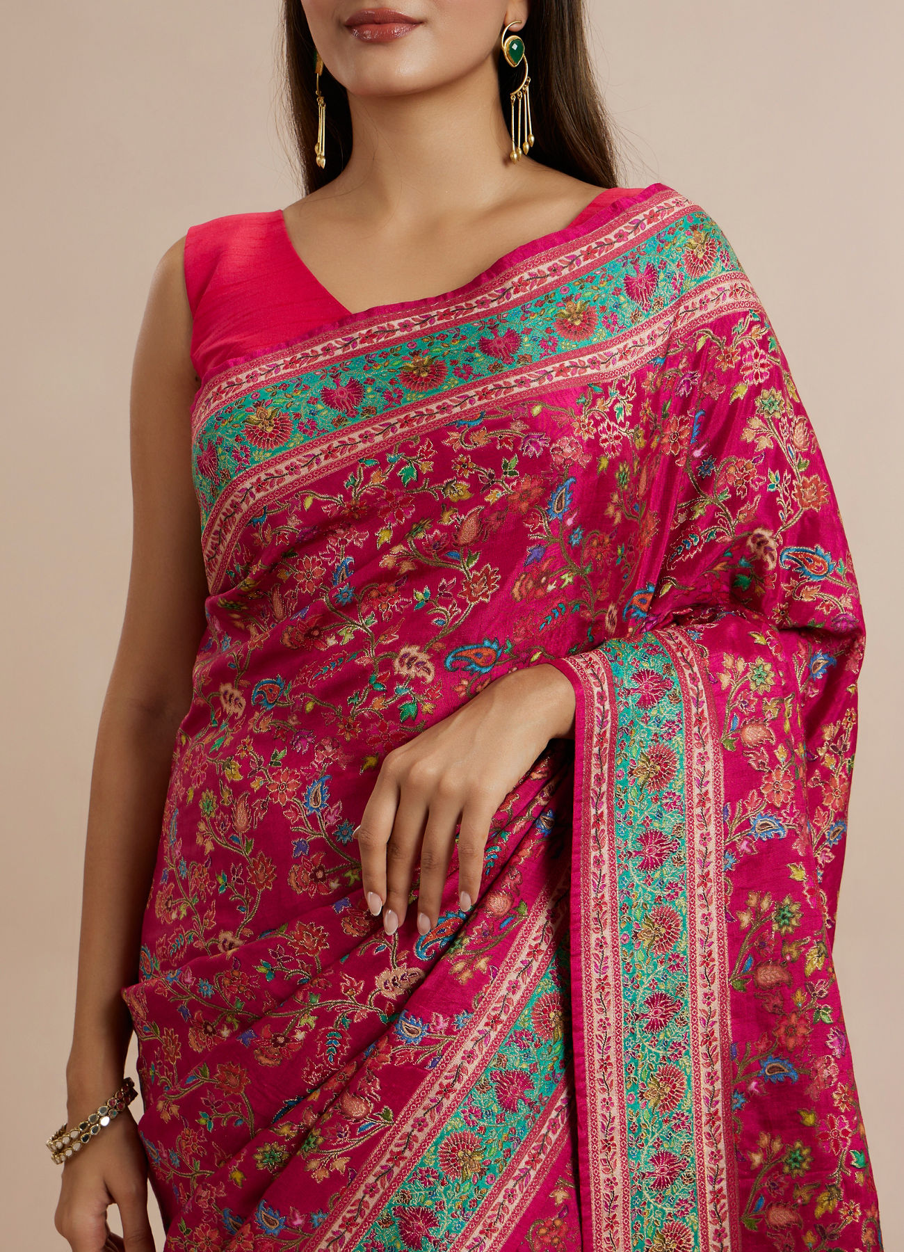 Twamev Women Rani Pink Silk Multicolour Floral Woven Saree