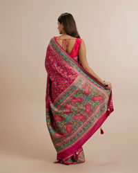 Twamev Women Rani Pink Silk Multicolour Floral Woven Saree