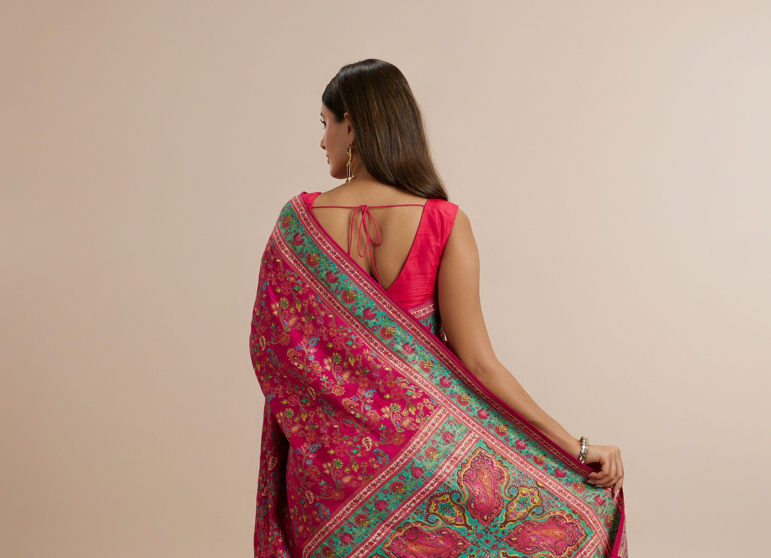 Twamev Women Rani Pink Silk Multicolour Floral Woven Saree