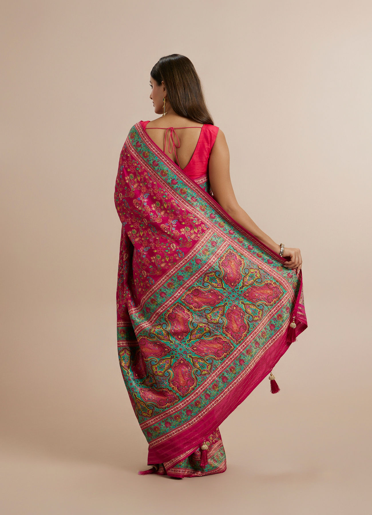 Twamev Women Rani Pink Silk Multicolour Floral Woven Saree