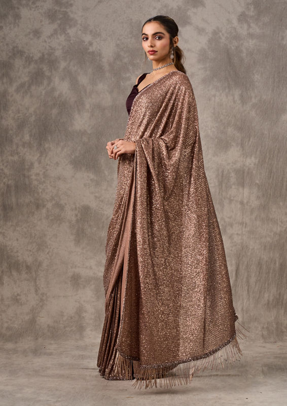 Twamev Women Iridescent Brown Sequin Saree