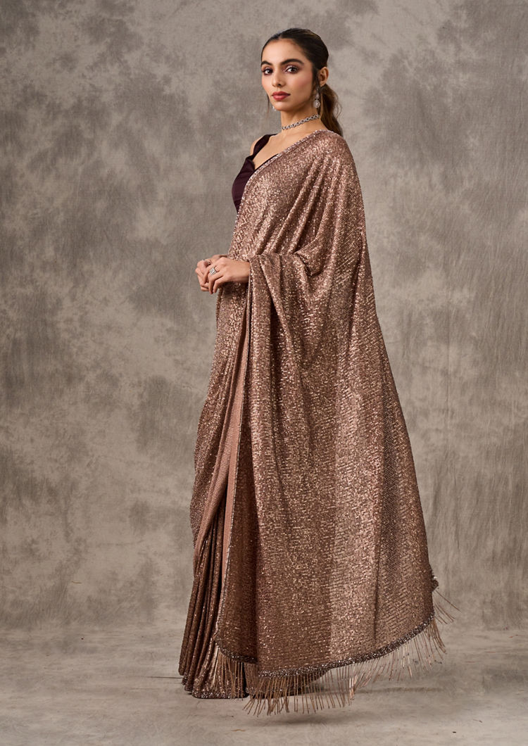 Twamev Women Iridescent Brown Sequin Saree