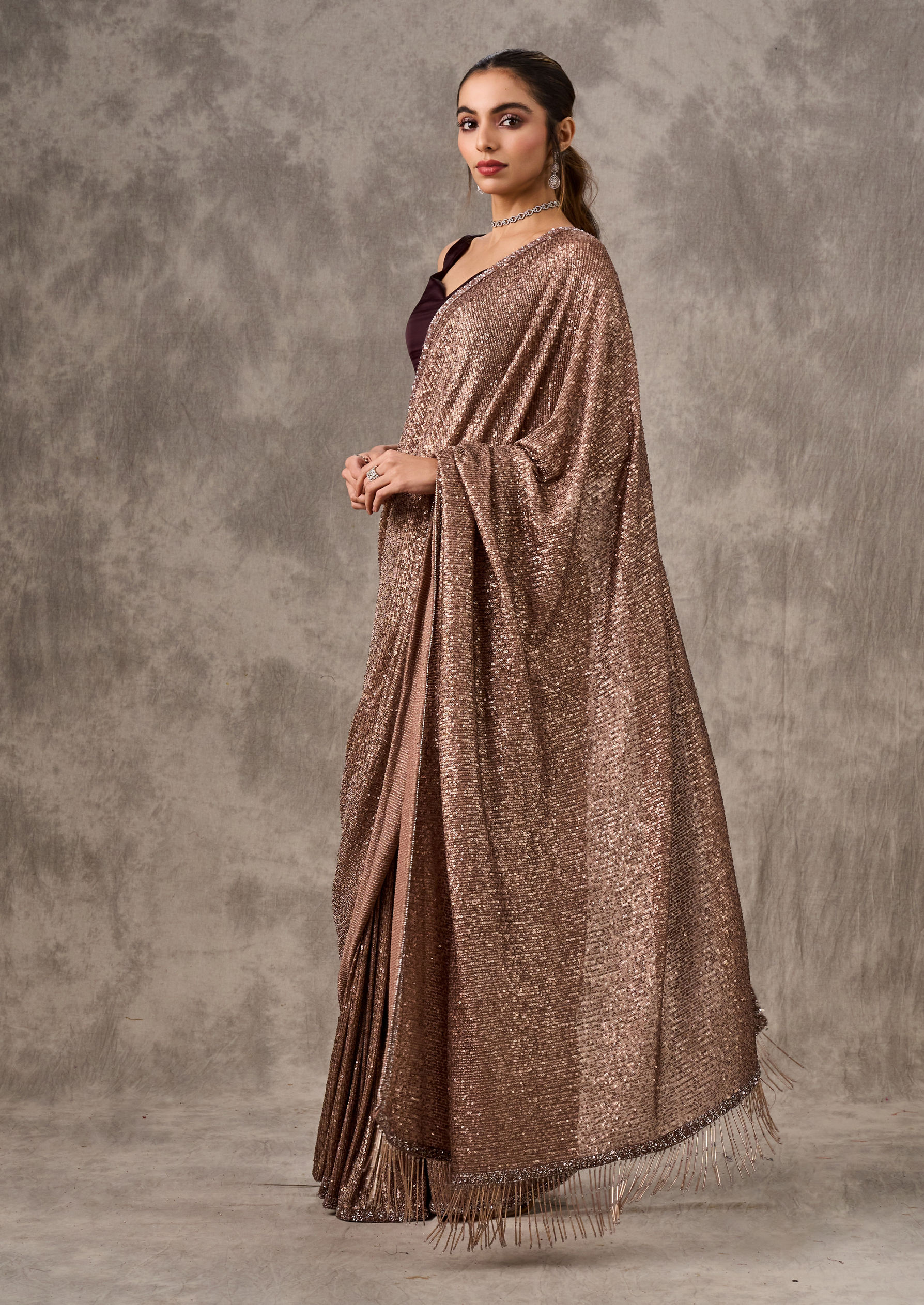 Twamev Women Iridescent Brown Sequin Saree