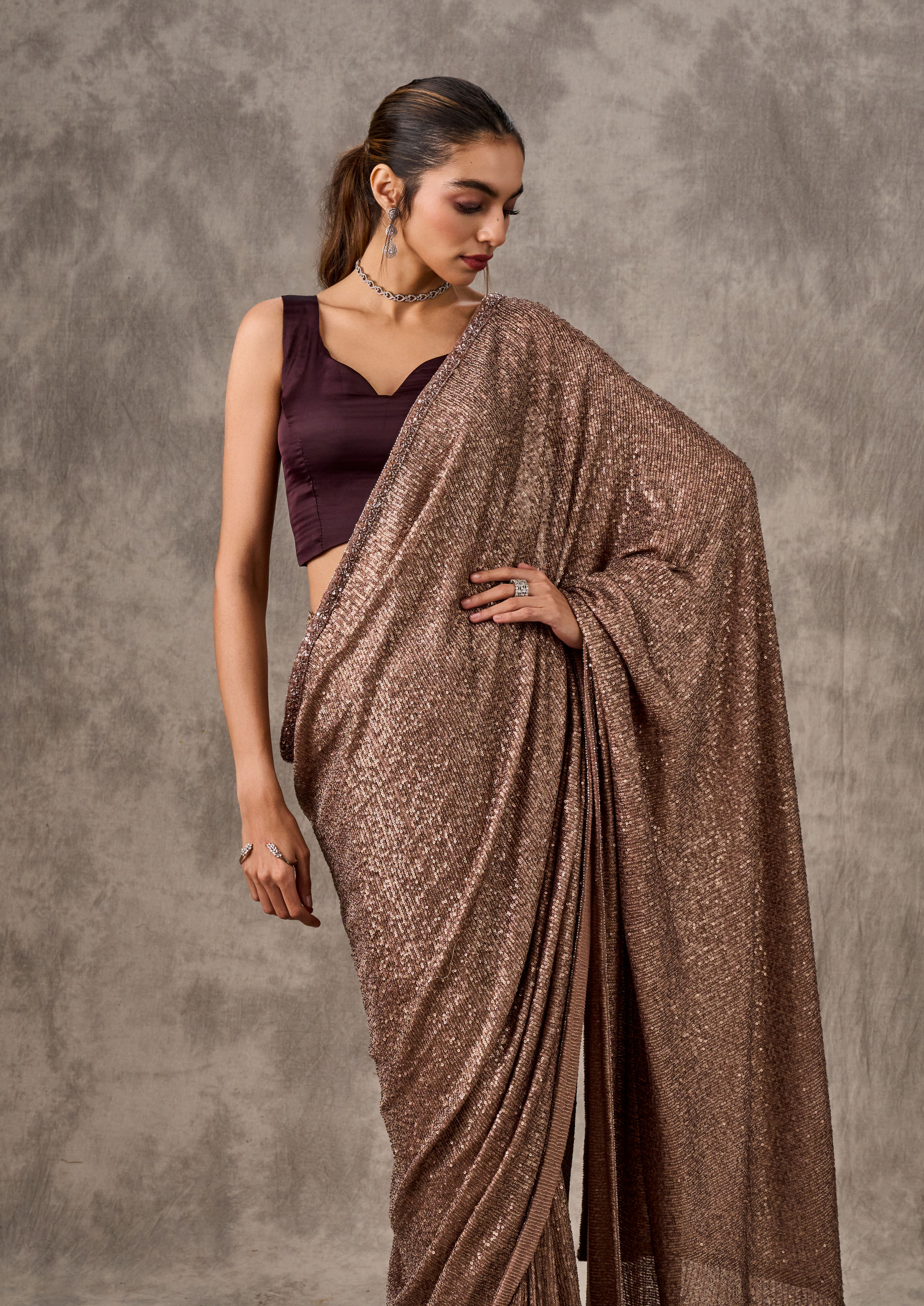 Twamev Women Iridescent Brown Sequin Saree