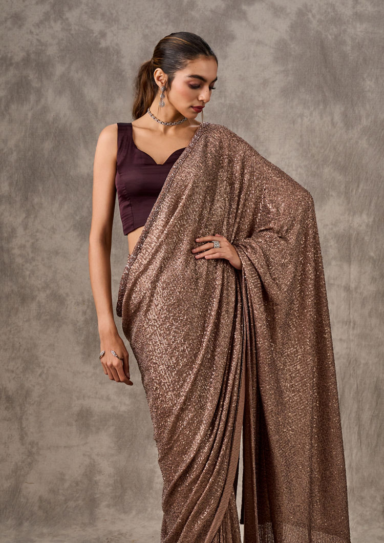 Twamev Women Iridescent Brown Sequin Saree