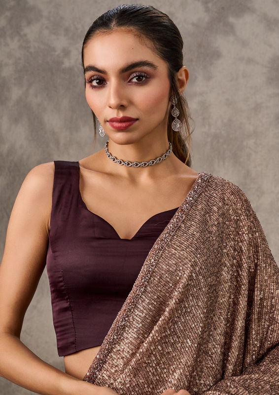 Twamev Women Iridescent Brown Sequin Saree