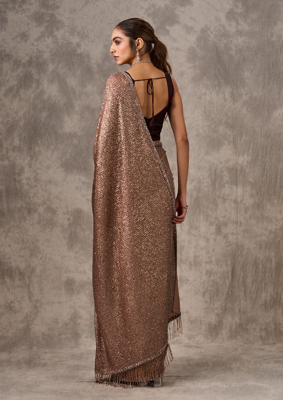 Twamev Women Iridescent Brown Sequin Saree