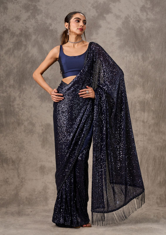 Twamev Women Indigo Blue Sequin Extravaganza Saree
