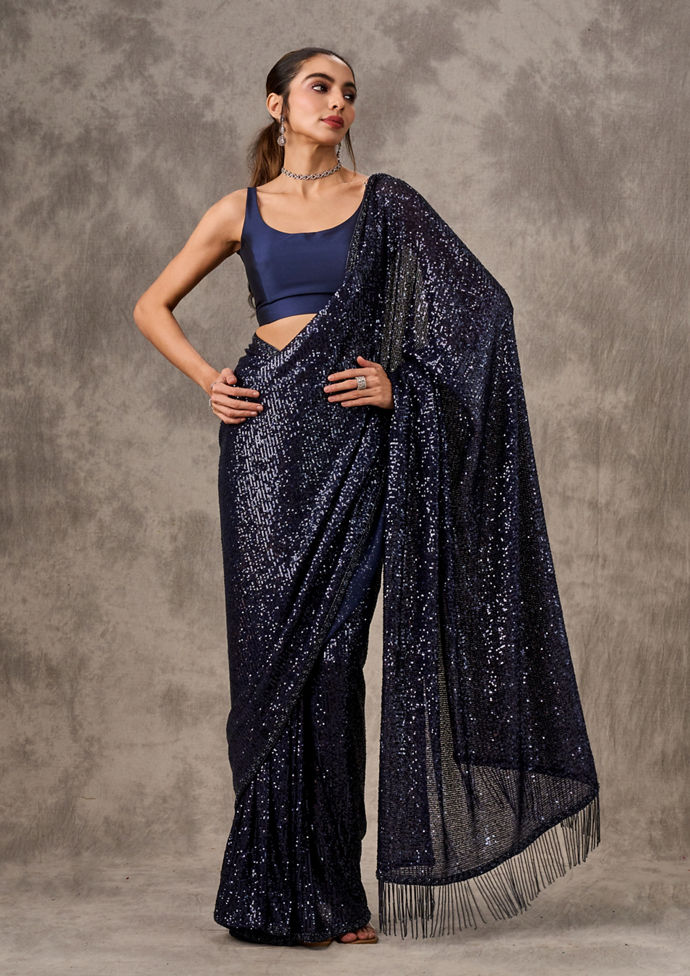 Twamev Women Indigo Blue Sequin Extravaganza Saree