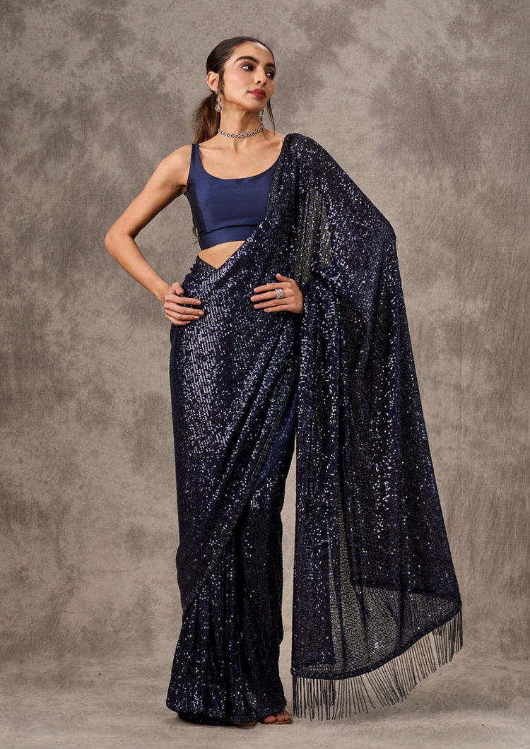 Twamev Women Indigo Blue Sequin Extravaganza Saree