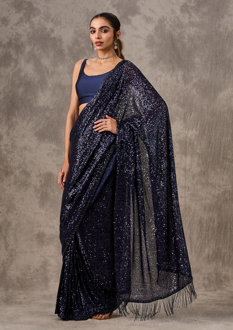 Twamev Women Indigo Blue Sequin Extravaganza Saree