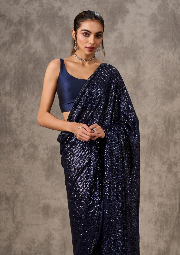 Twamev Women Indigo Blue Sequin Extravaganza Saree