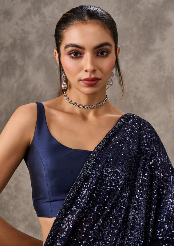 Twamev Women Indigo Blue Sequin Extravaganza Saree