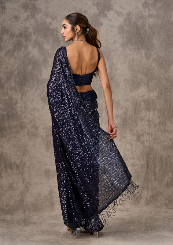 Twamev Women Indigo Blue Sequin Extravaganza Saree
