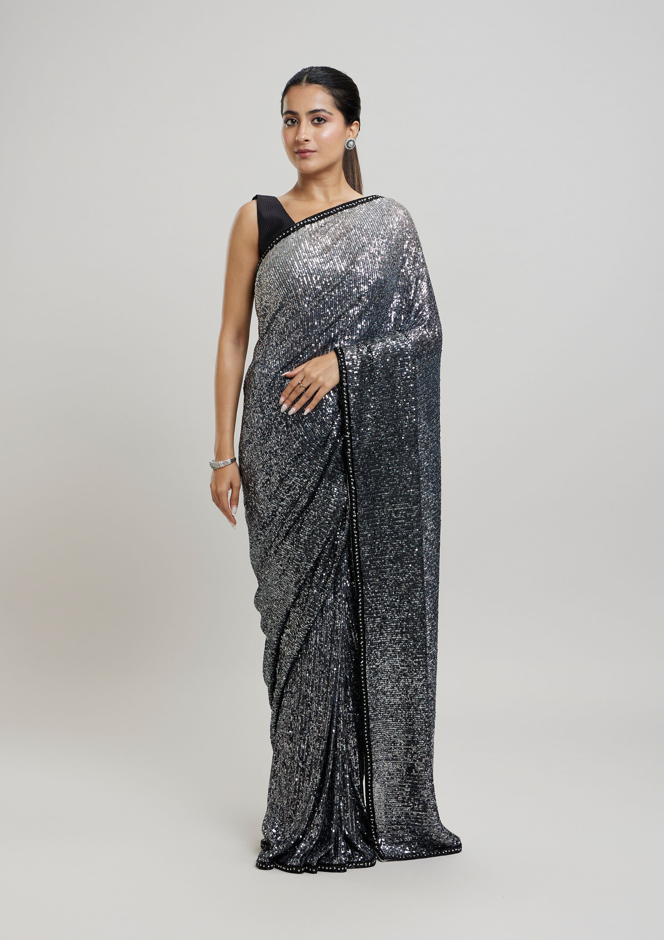 Twamev Women Enchanting Brown Sequin Saree