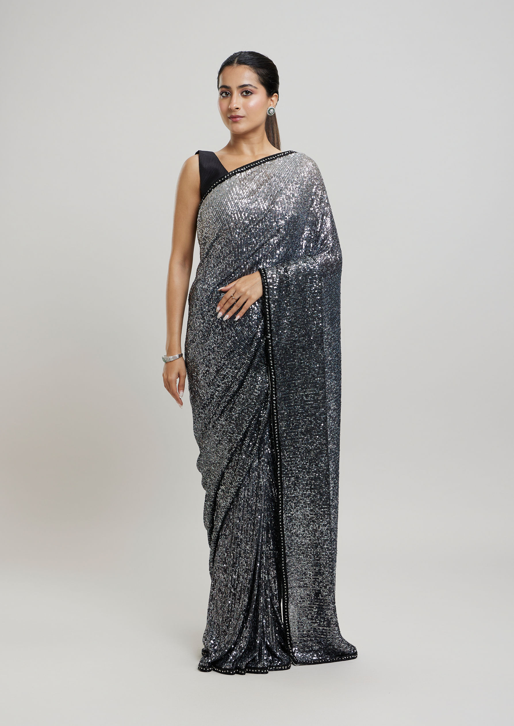 Twamev Women Enchanting Brown Sequin Saree