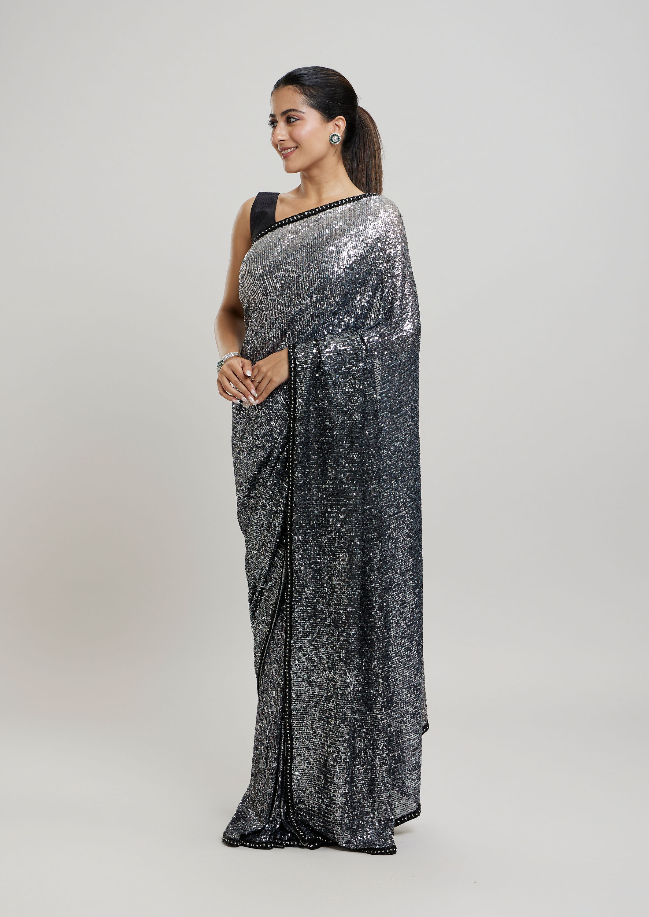 Twamev Women Enchanting Brown Sequin Saree