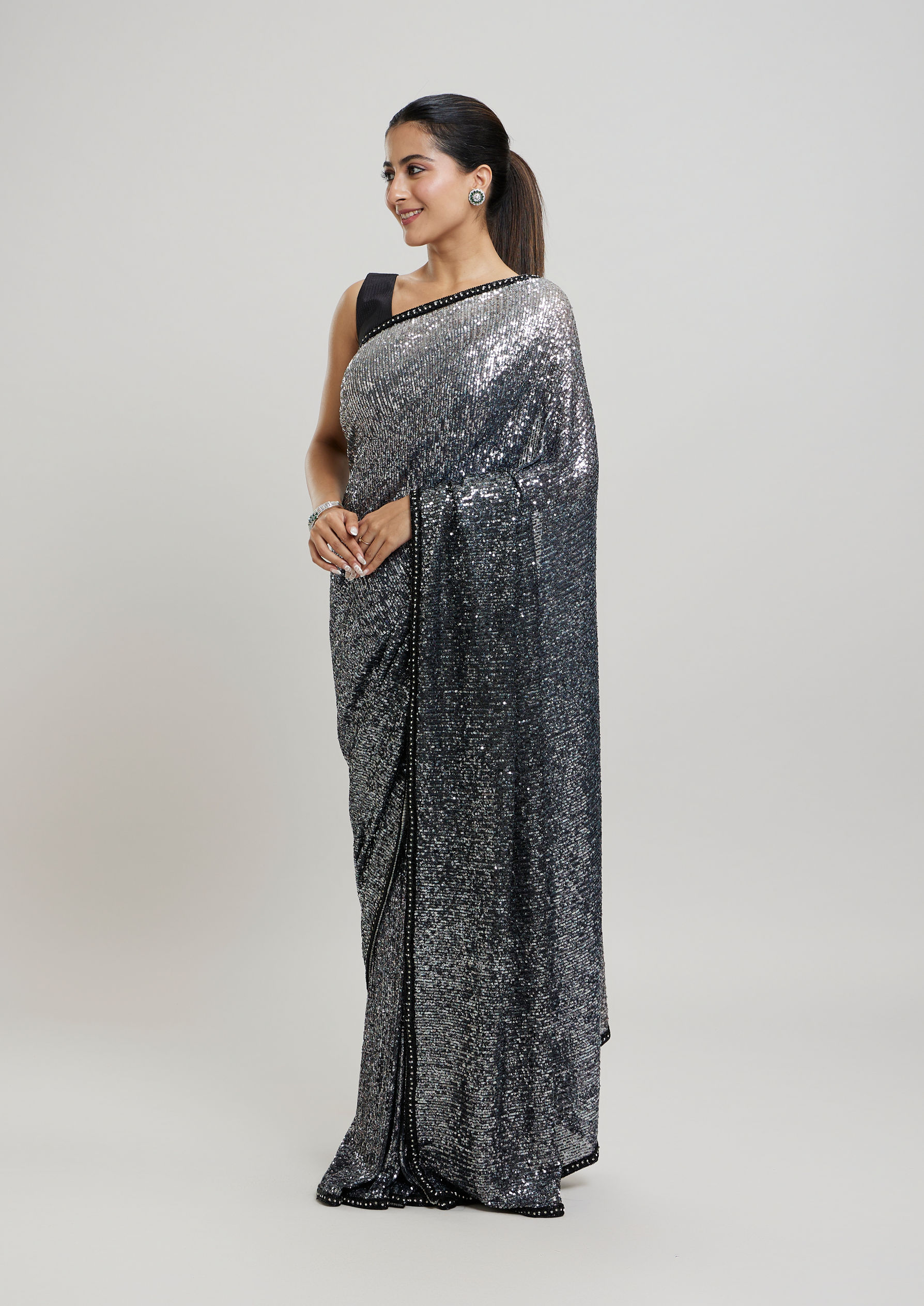 Twamev Women Enchanting Brown Sequin Saree