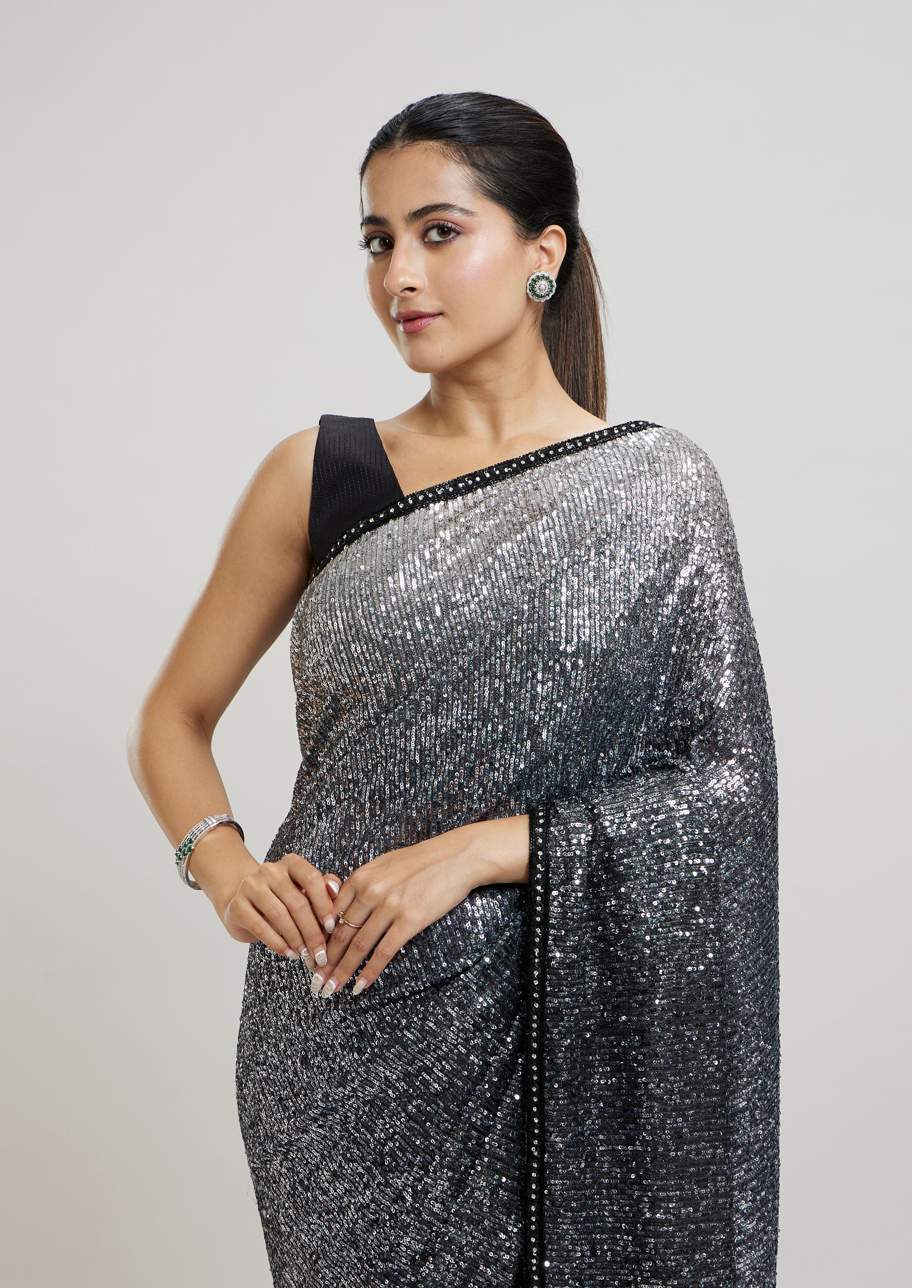 Twamev Women Enchanting Brown Sequin Saree