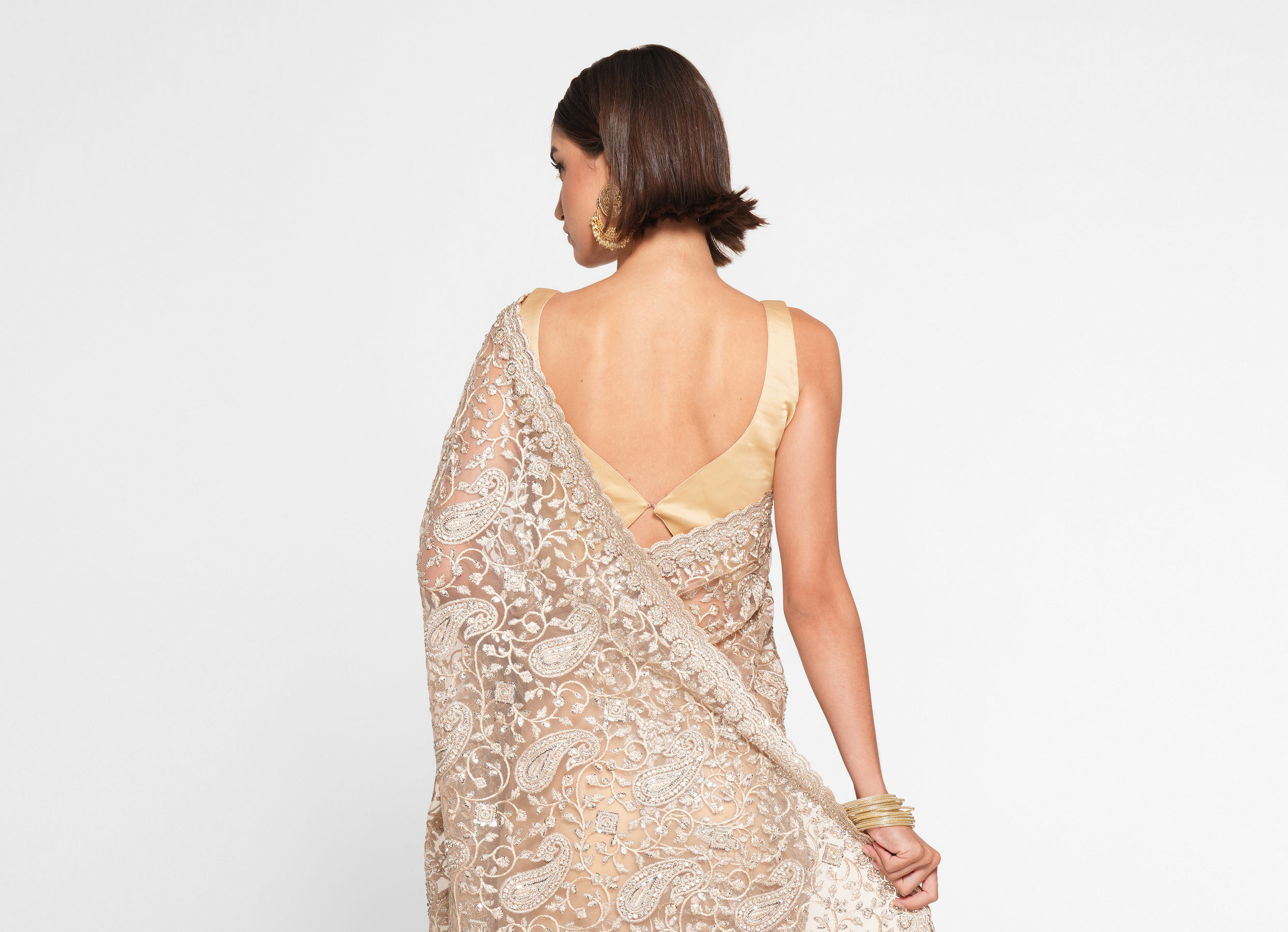 Twamev Women Twinkling Sequins Beige Saree