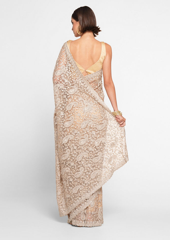 Twamev Women Twinkling Sequins Beige Saree