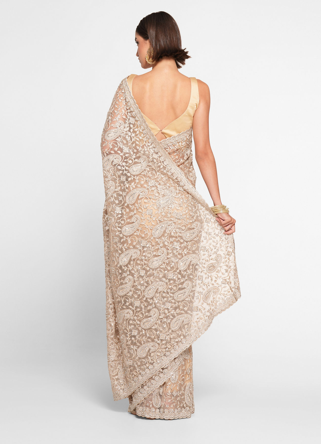 Twamev Women Twinkling Sequins Beige Saree