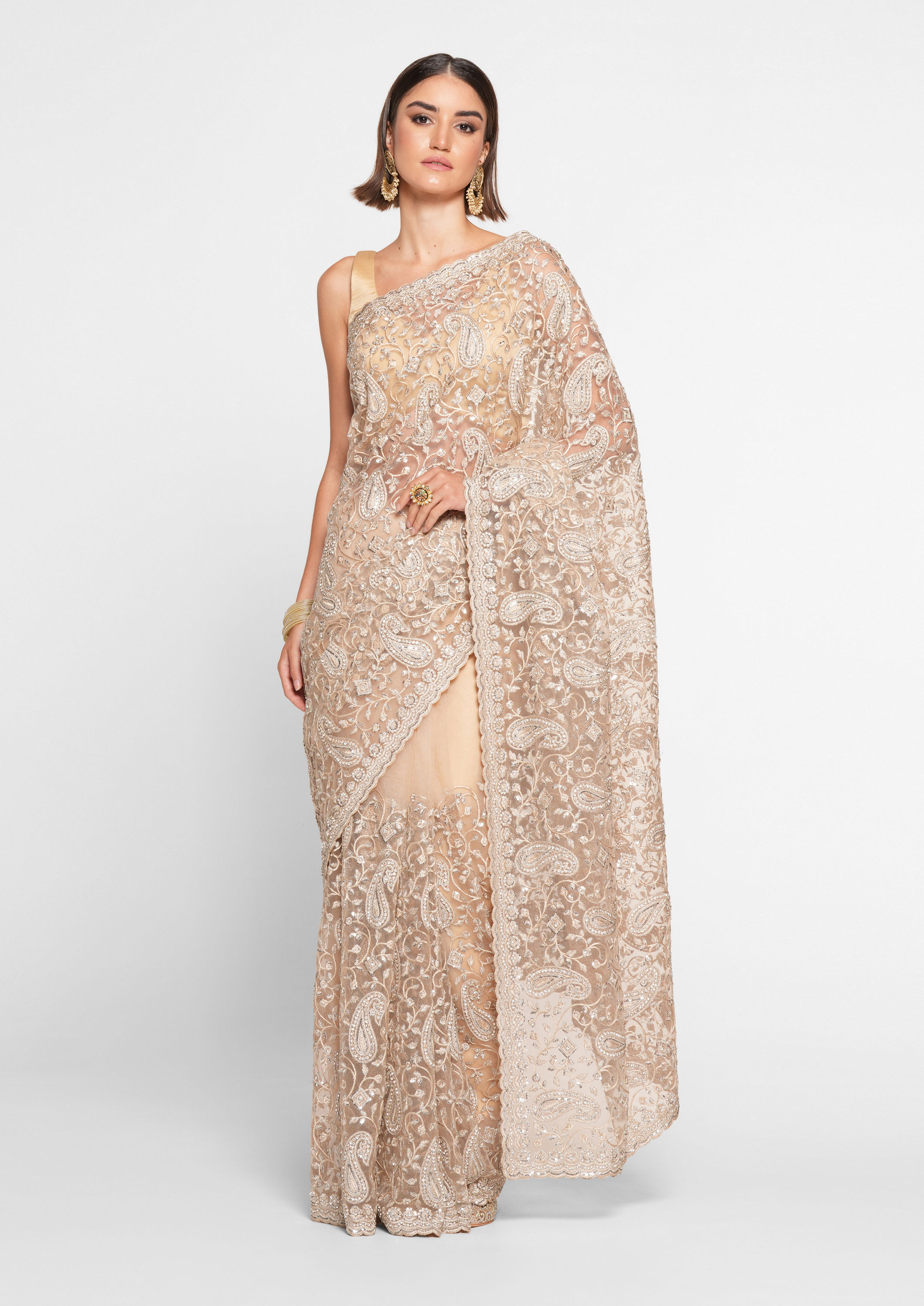 Twamev Women Twinkling Sequins Beige Saree