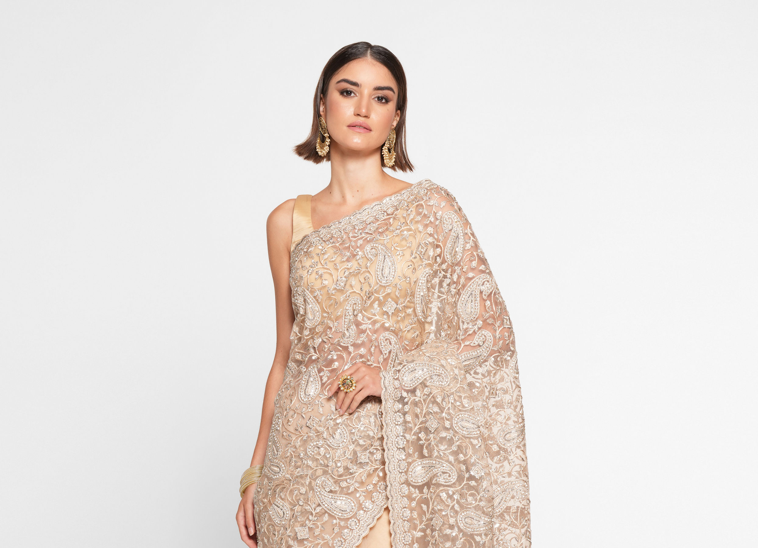 Twamev Women Twinkling Sequins Beige Saree