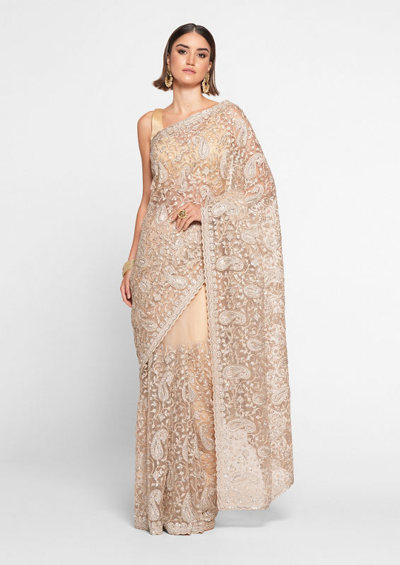 Twamev Women Twinkling Sequins Beige Saree