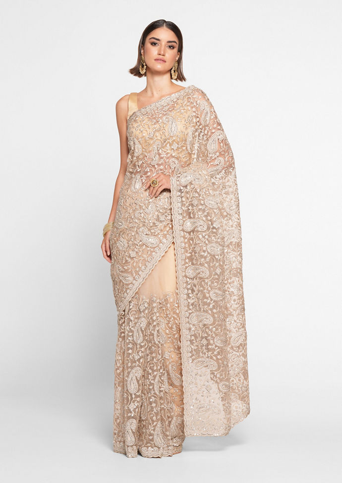 Twamev Women Twinkling Sequins Beige Saree