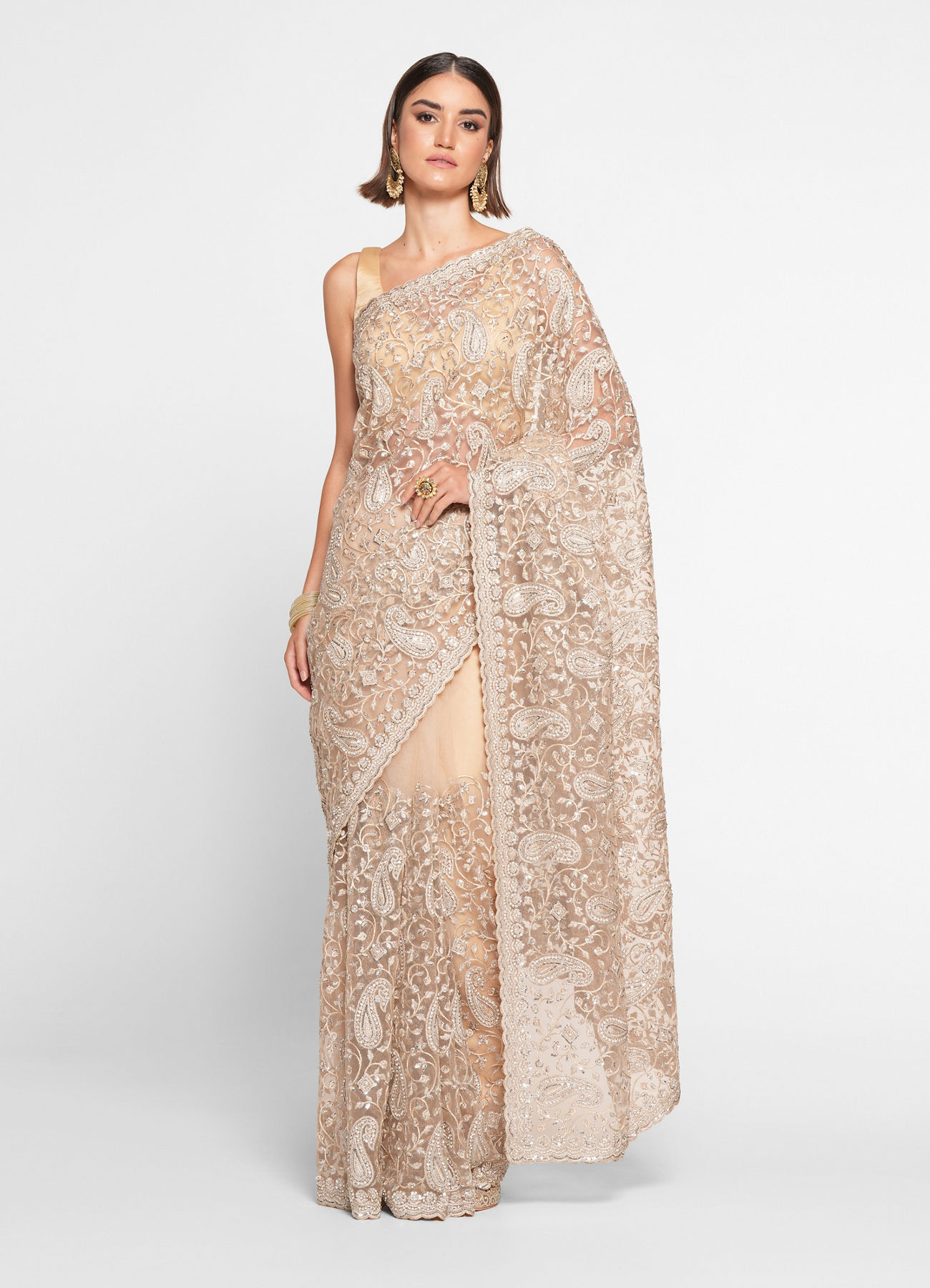 Twamev Women Twinkling Sequins Beige Saree
