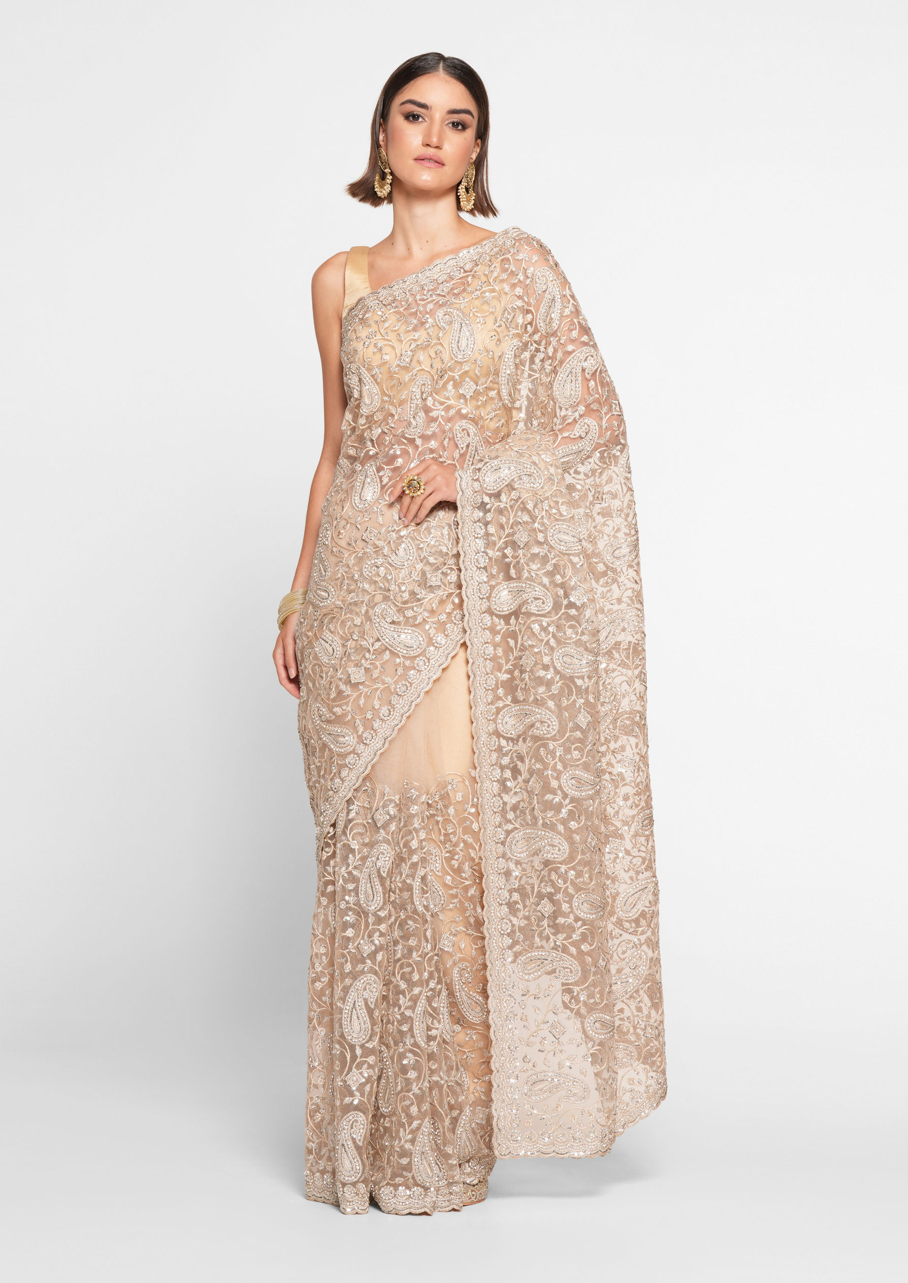 Twamev Women Twinkling Sequins Beige Saree