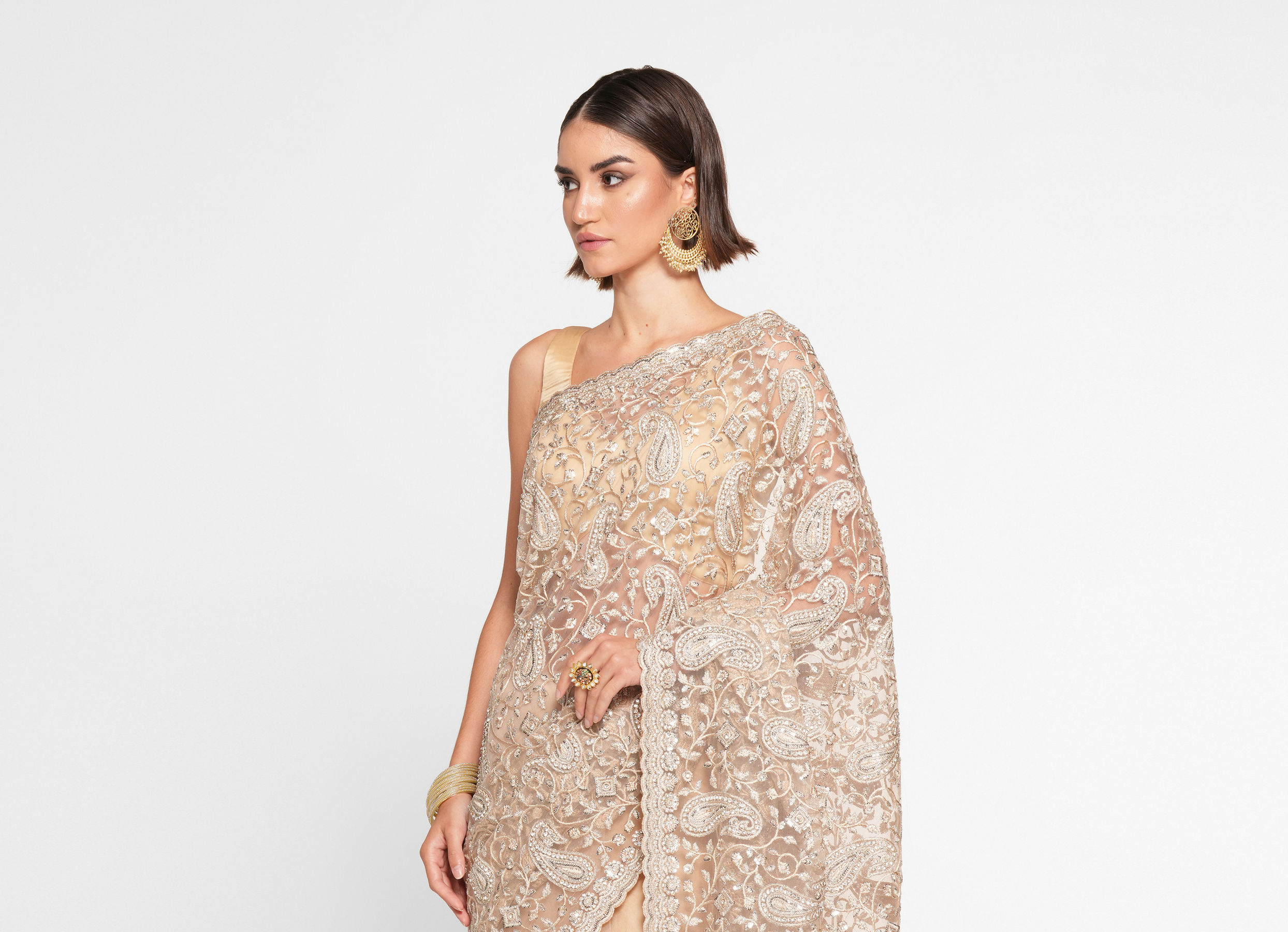 Twamev Women Twinkling Sequins Beige Saree