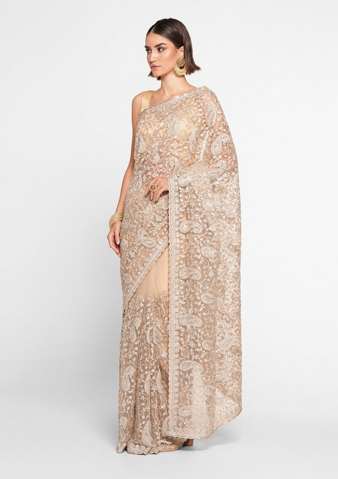 Twamev Women Twinkling Sequins Beige Saree