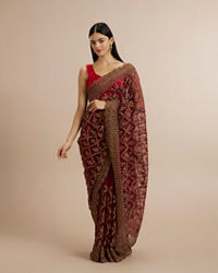 Twamev Women Rust Red Net Zardozi Thread Embroidered Saree