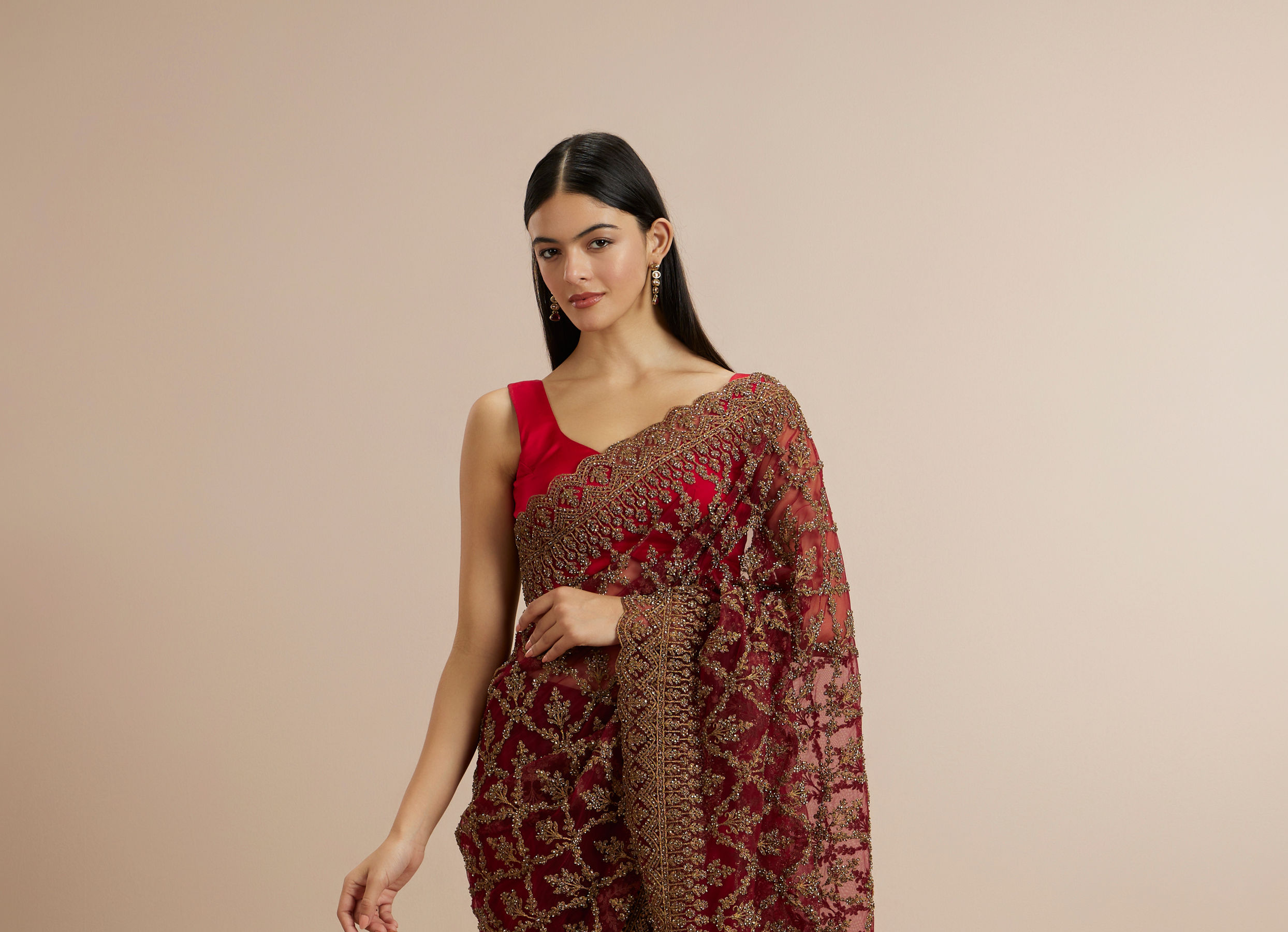 Twamev Women Rust Red Net Zardozi Thread Embroidered Saree